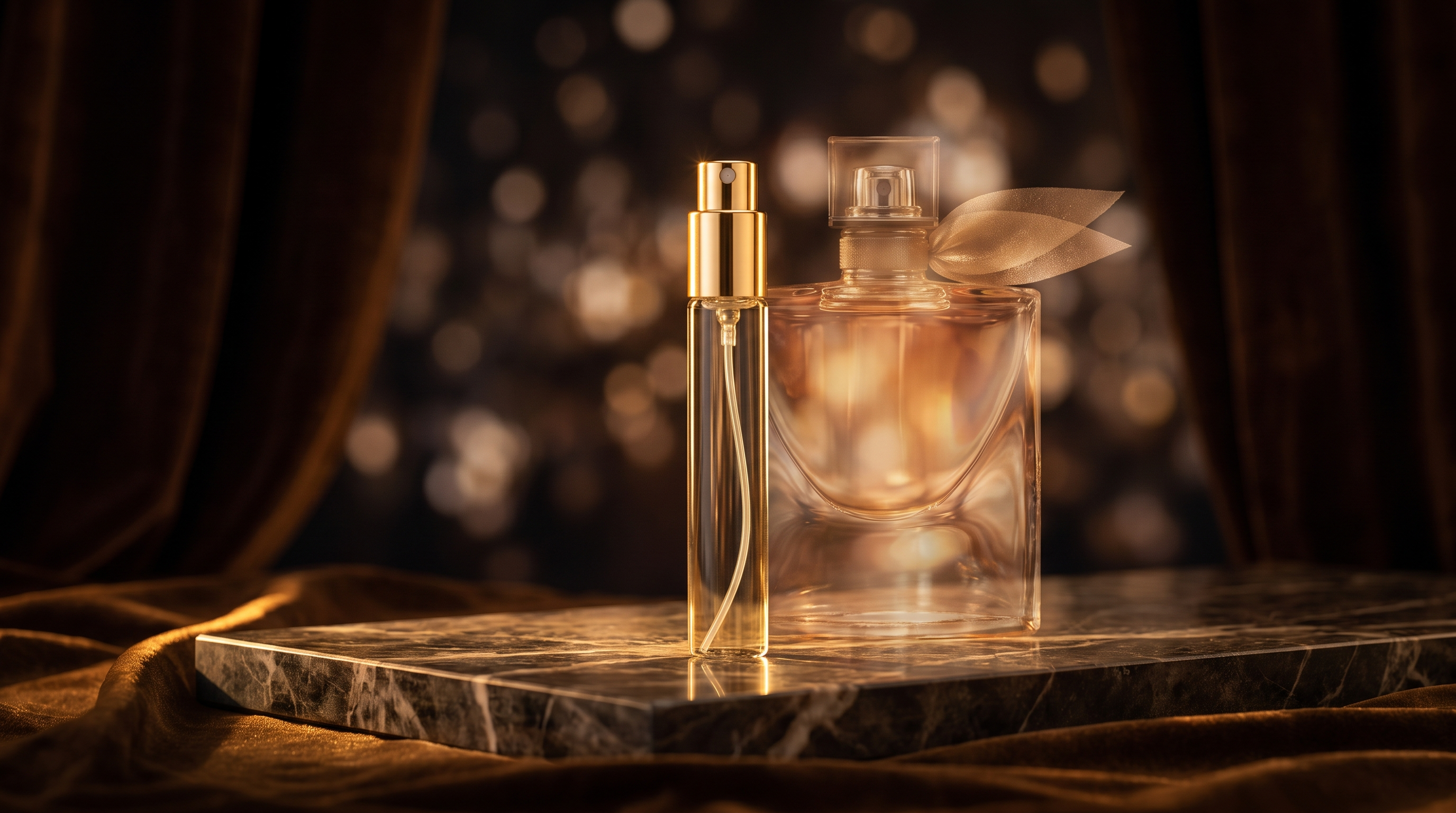 Glass fragrance decant vial with gold atomiser beside a soft ghost silhouette of a perfume bottle, representing the relationship between an original fragrance and its decant — Fragrance ADDX Australia