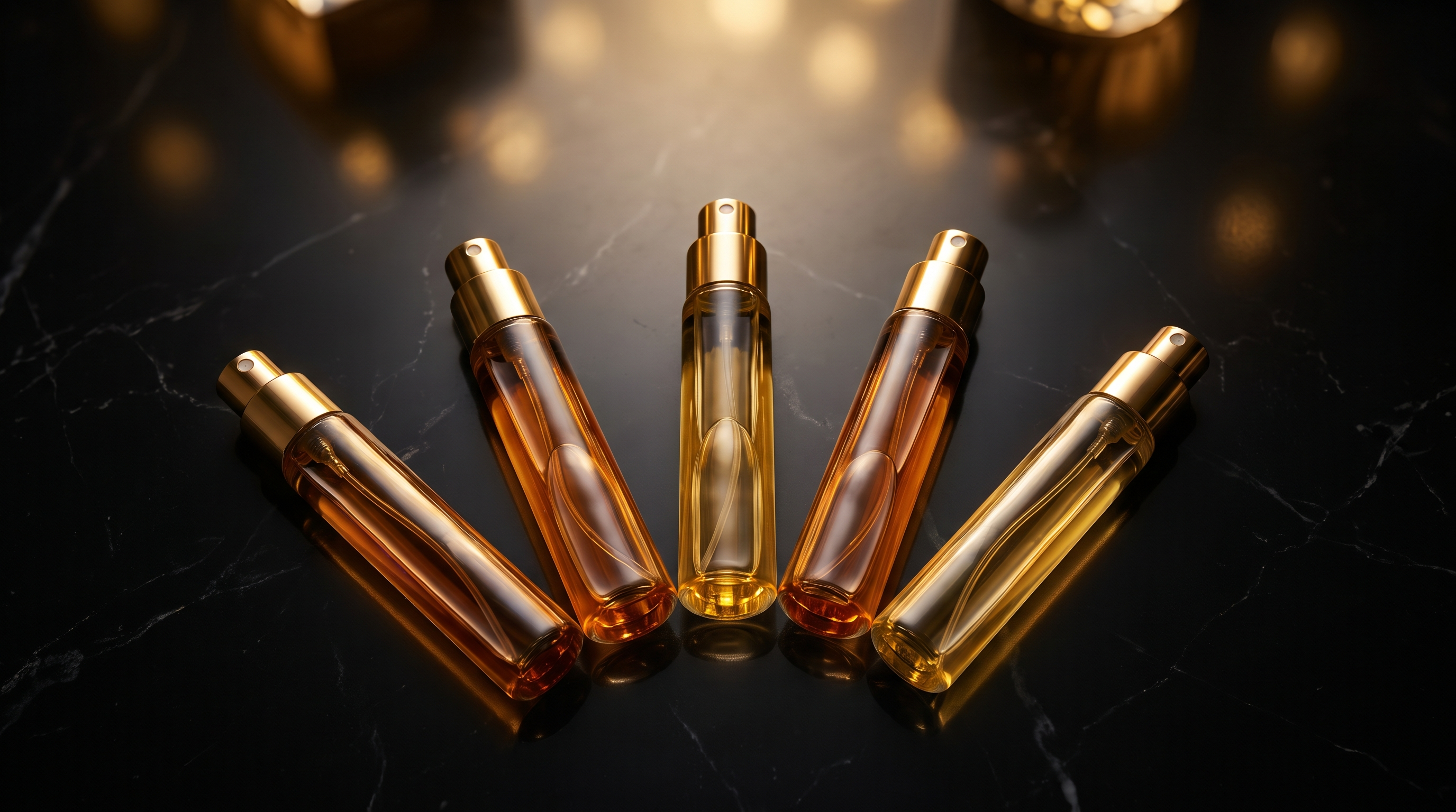 Five slim glass fragrance decant vials with gold atomisers arranged on dark marble, representing a curated fragrance discovery collection — Fragrance ADDX Australia