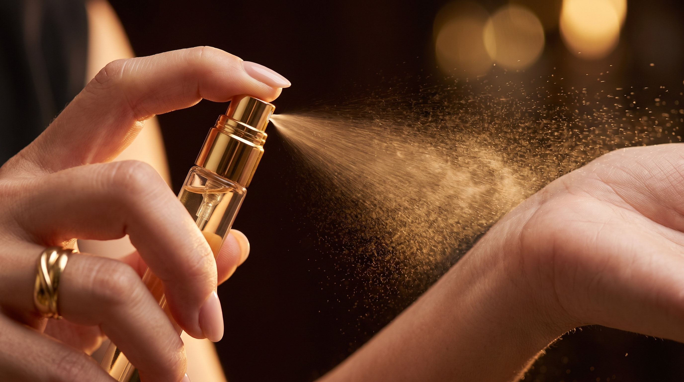 A hand spraying a slim glass fragrance decant vial with gold atomiser onto the wrist, testing a scent before buying — Fragrance ADDX Australia