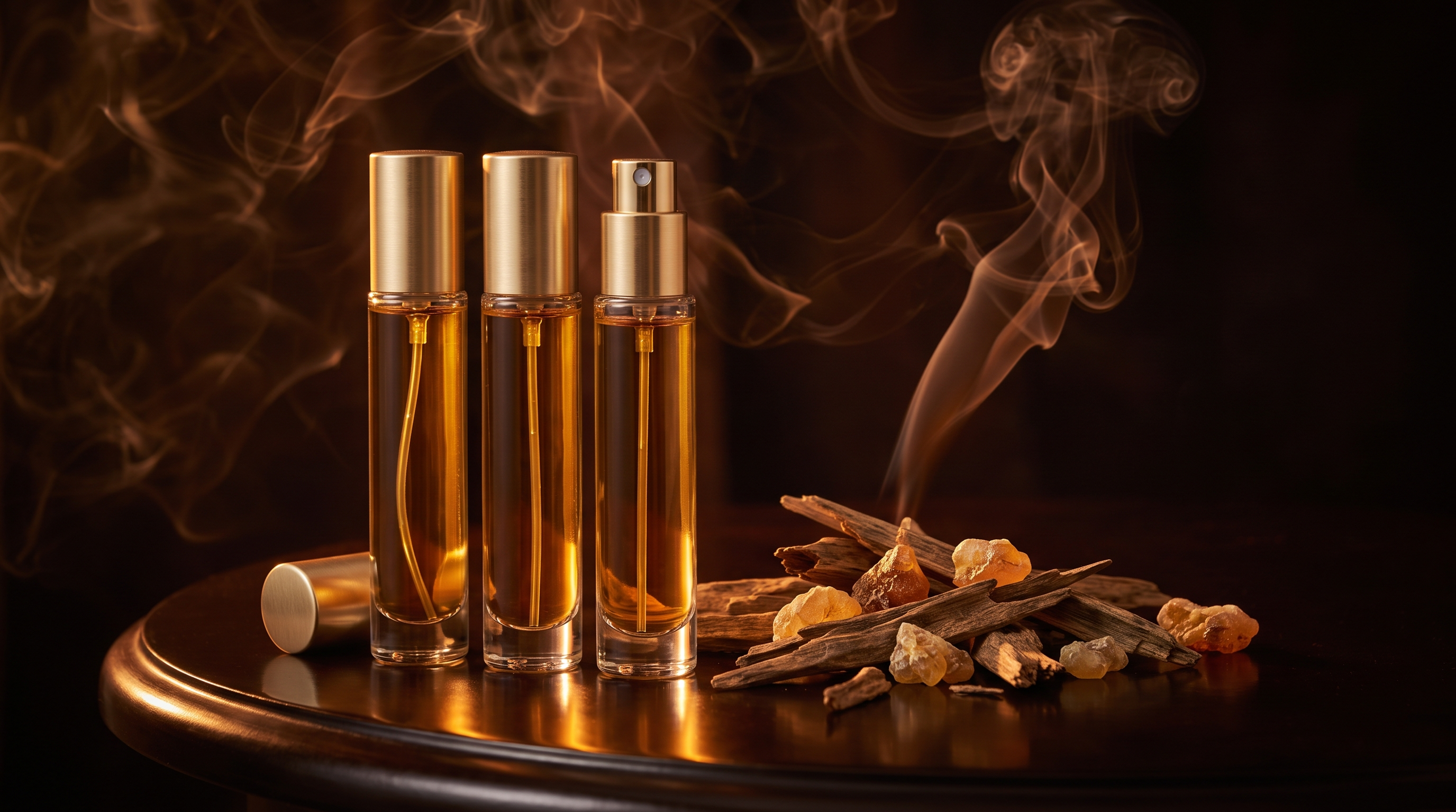 Three slim glass fragrance decant vials with gold atomisers beside oud wood chips and amber resin — Middle Eastern and Arabian fragrance decants at Fragrance ADDX Australia