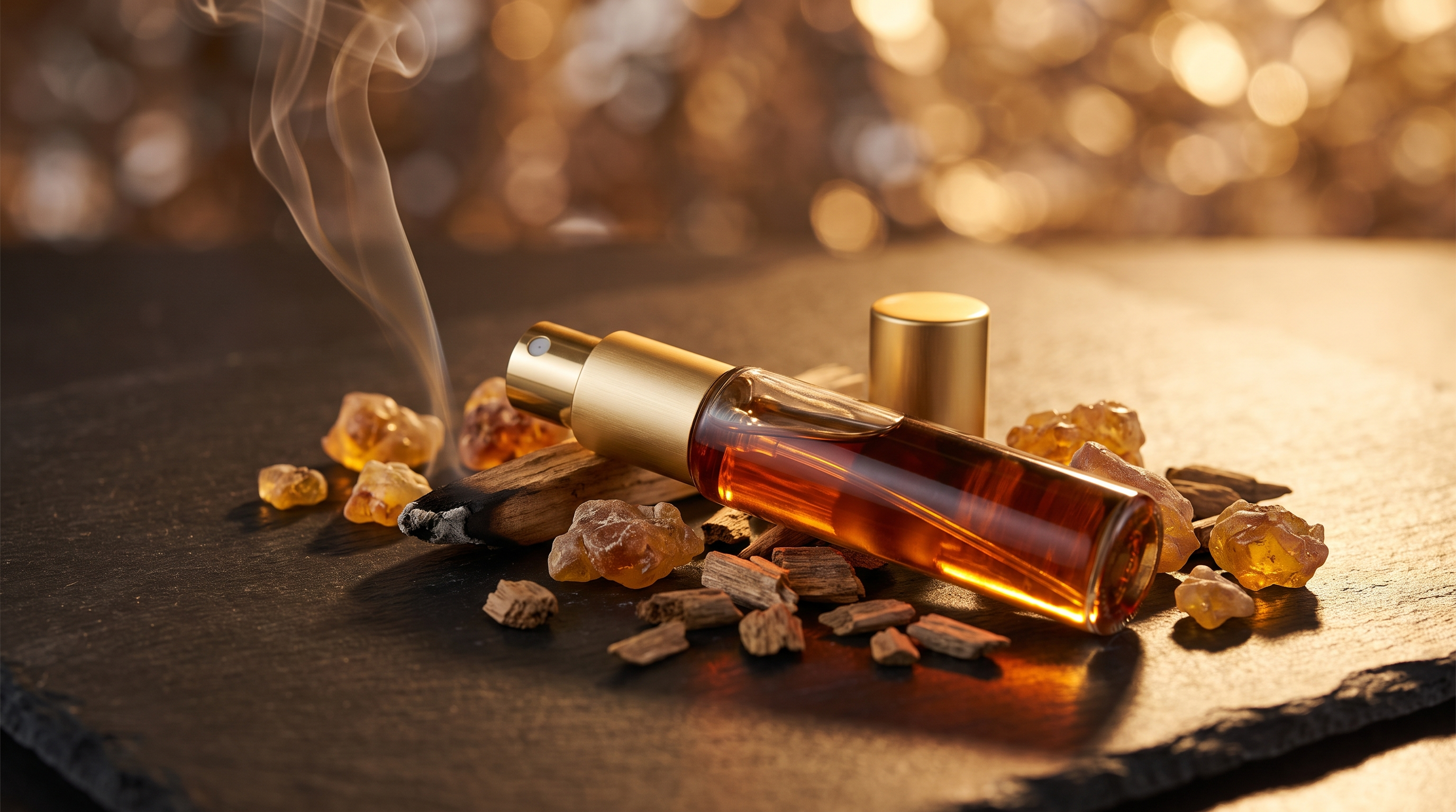 A single glass fragrance decant vial with gold atomiser beside amber resin and oud wood chips with soft rising smoke — Fragrance ADDX Australia