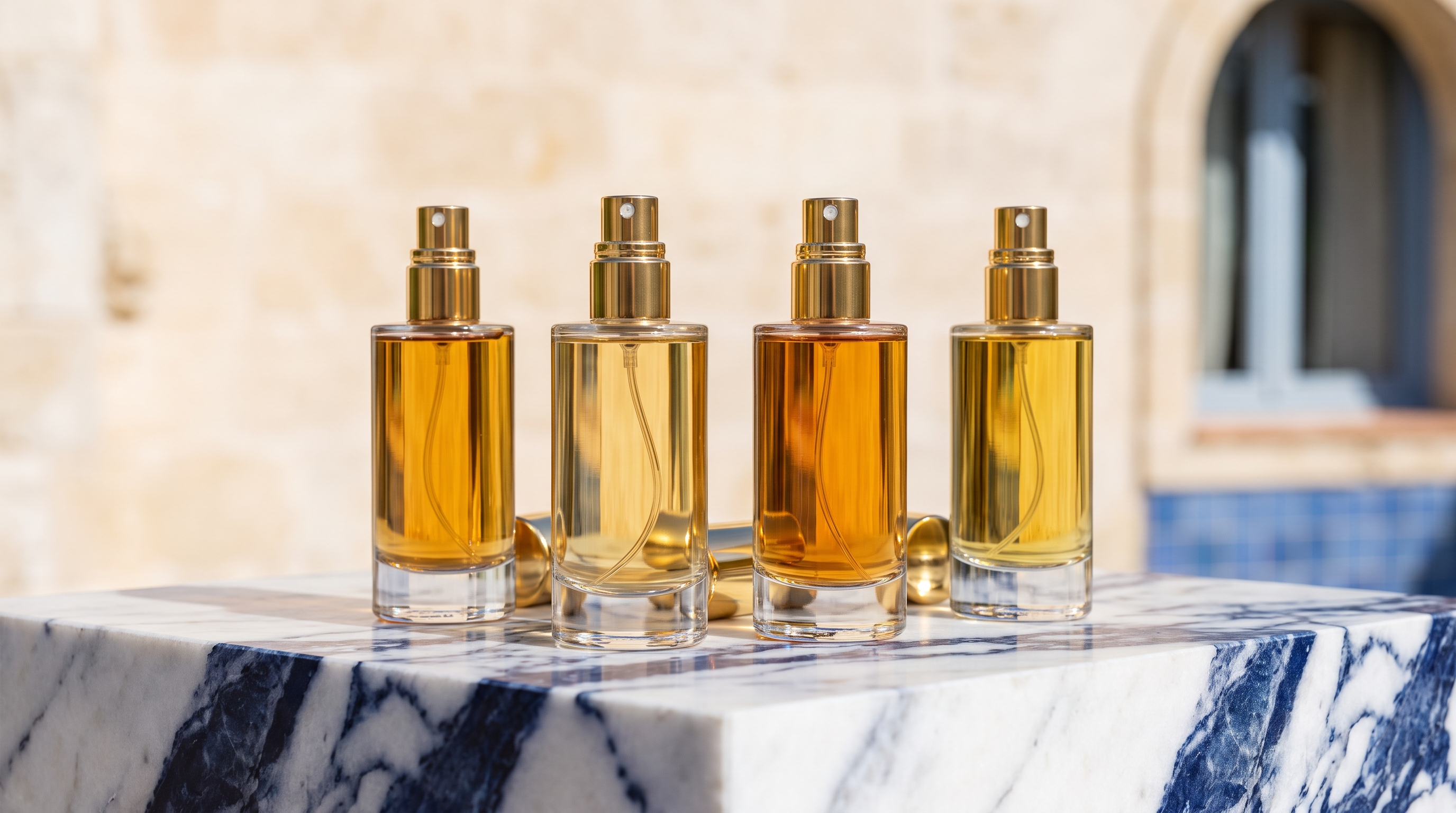 Four slim glass fragrance decant vials with gold atomisers on white and blue Mediterranean-style marble — Mykonos and niche fragrance decants at Fragrance ADDX Australia
