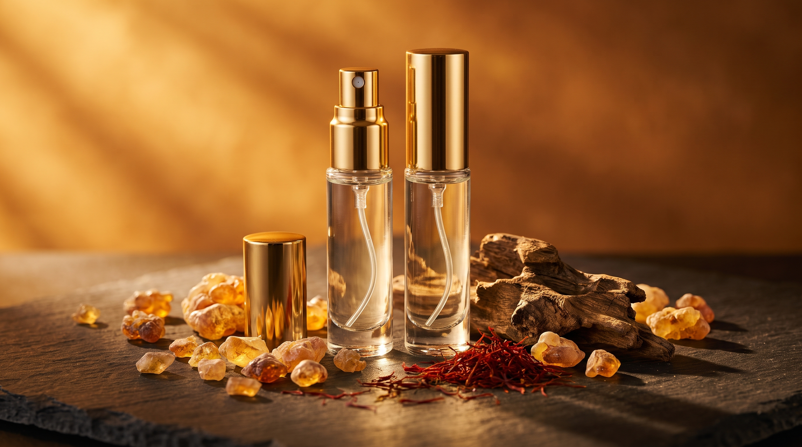 Two glass fragrance decant vials with gold atomisers beside amber resin, saffron threads and oud wood — Bujairami oud and amber fragrance decants at Fragrance ADDX Australia