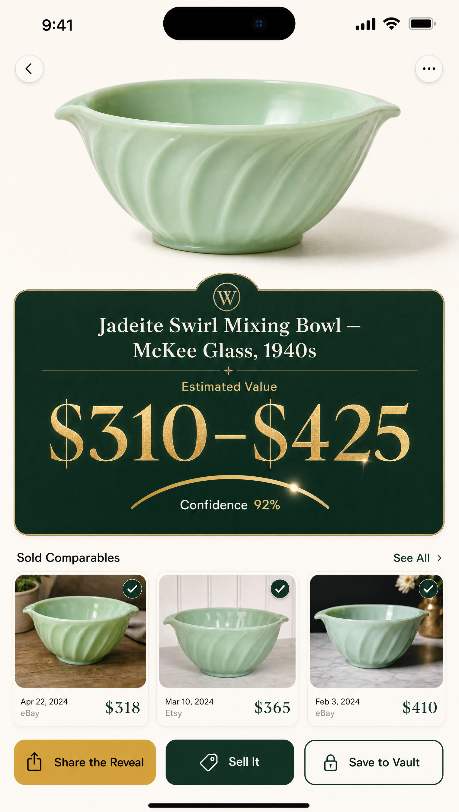 Worth app appraisal reveal screen showing a Jadeite bowl valued at $310–$425