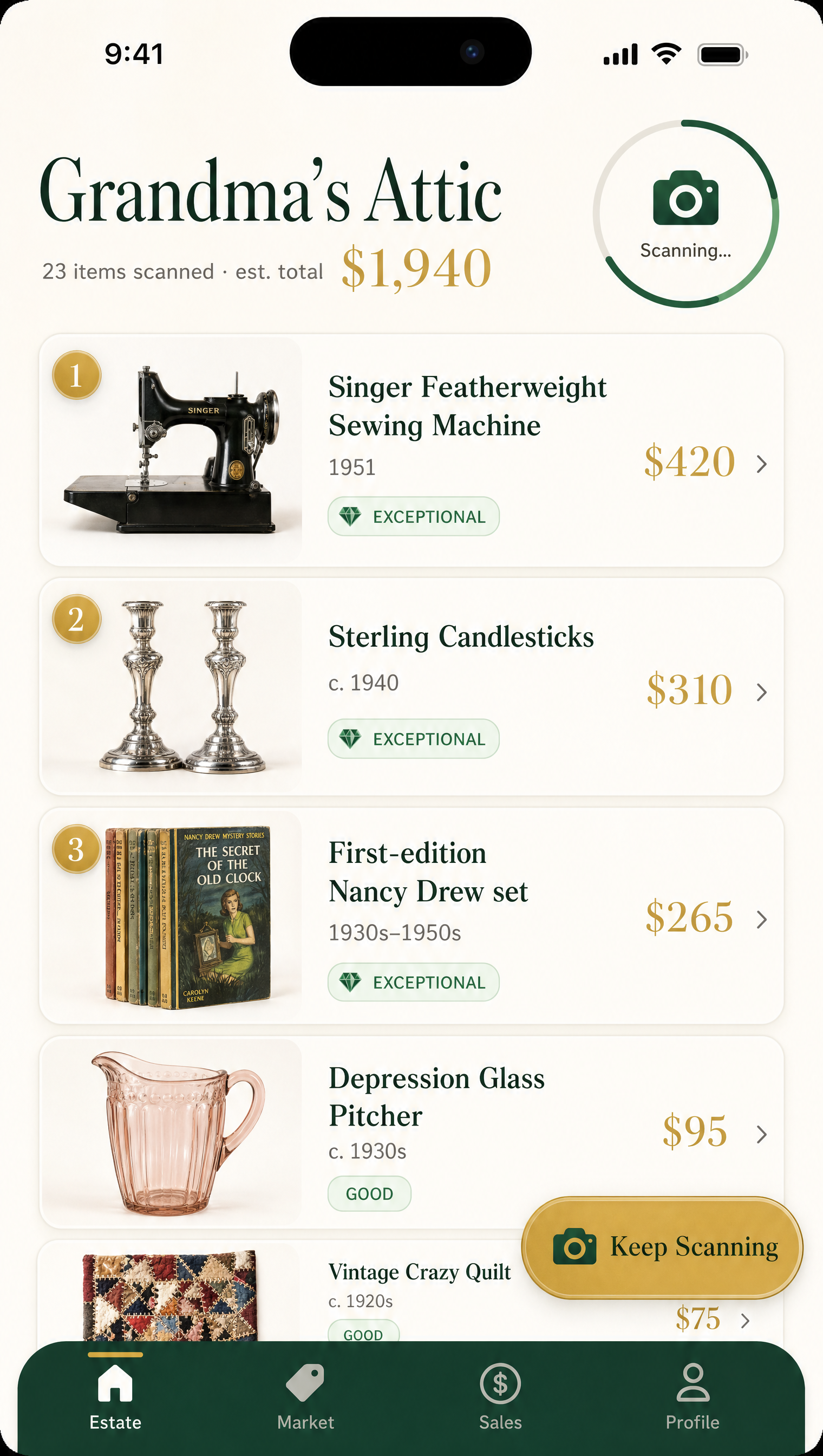 Estate Mode showing grandma's attic scanned: 23 items worth $1,940