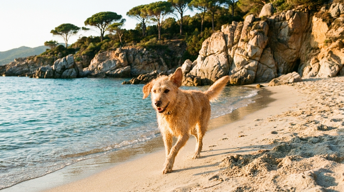 Hund l&auml;uft am ruhigen Strand auf Korsika in der Abendsonne