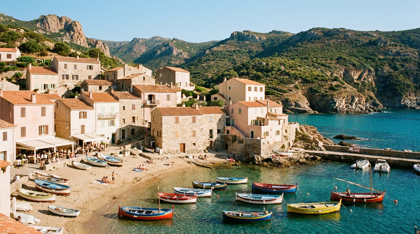 Korsisches Küstendorf mit Bucht und Fischerbooten in der Nähe eines Ferienhauses am Strand