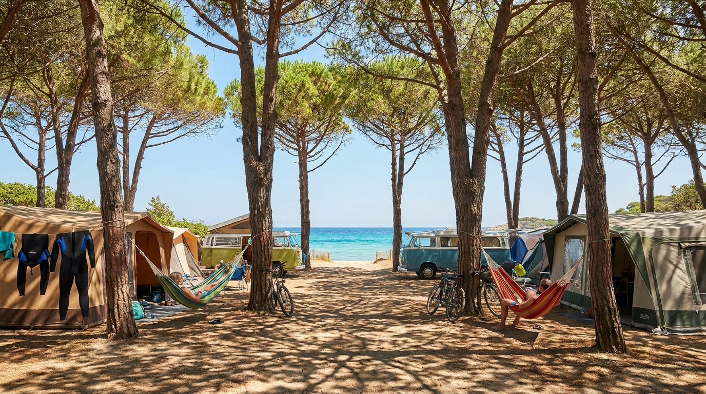 Campingplatz auf Korsika zwischen Pinien nahe dem Strand