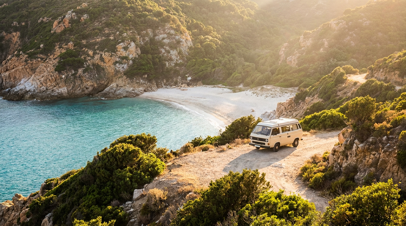 Wohnmobil an einer Küstenstraße über einer türkisfarbenen Bucht auf Korsika