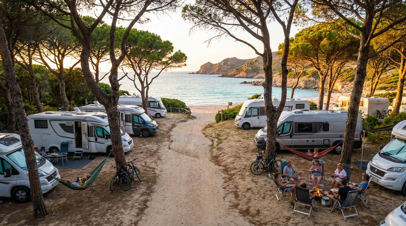 Wohnmobile auf einem Campingplatz nahe einem Strand auf Korsika