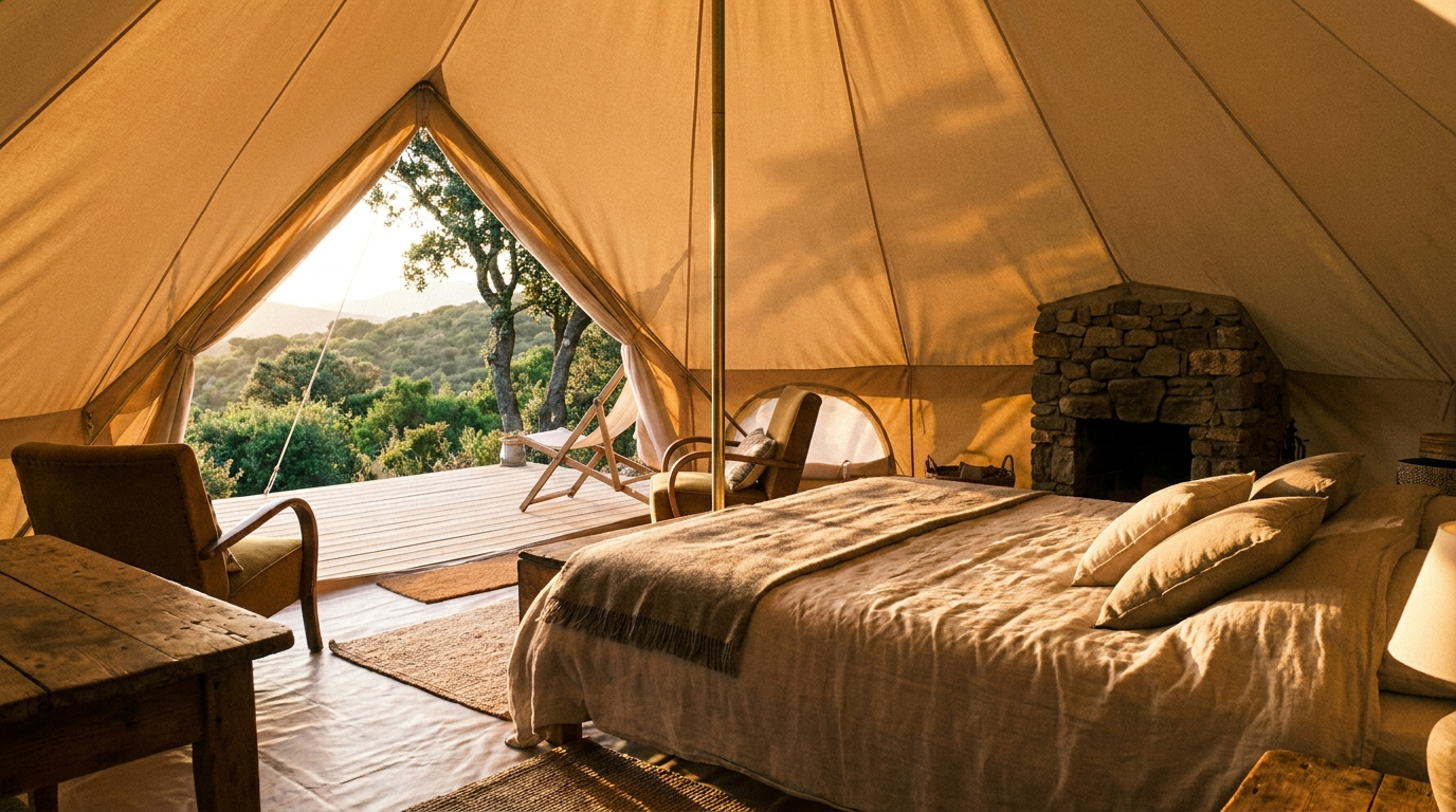 Gemütliches Glamping-Zelt mit Holzterrasse in der Natur Korsikas