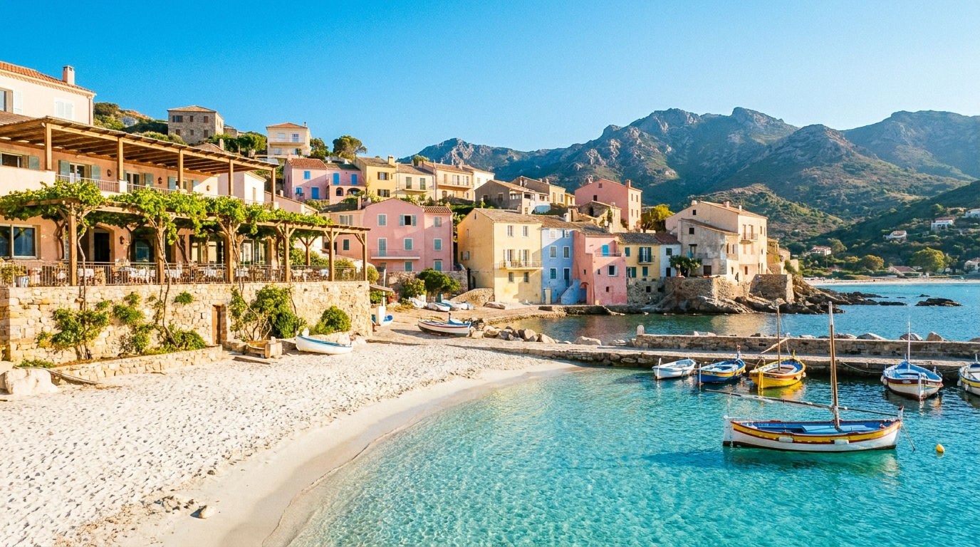 Malerisches Küstendorf auf Korsika mit Hotelterrasse und türkisem Strand