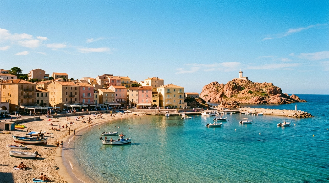 Küstenort Île-Rousse in der Balagne mit rosa Granitfelsen und Strand