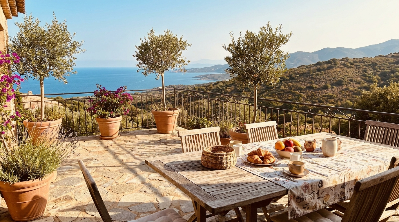 Sonnige Terrasse einer Ferienwohnung nahe Ajaccio mit Blick auf das Meer