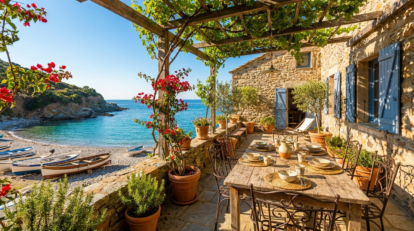 Sonnige Terrasse einer Ferienunterkunft am Cap Corse mit Blick auf eine Bucht