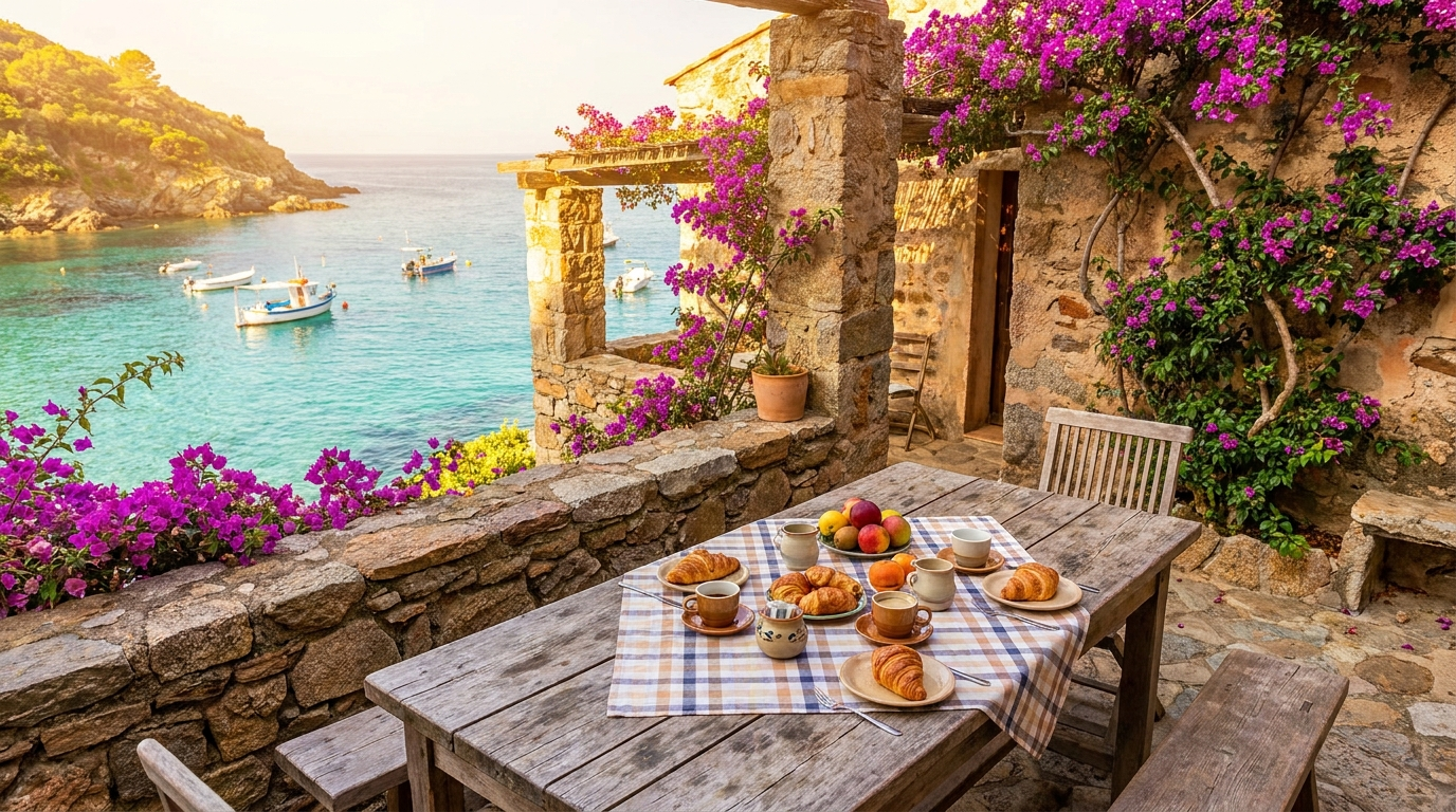 Terrasse eines korsischen Ferienhauses mit Blick auf das türkisfarbene Meer