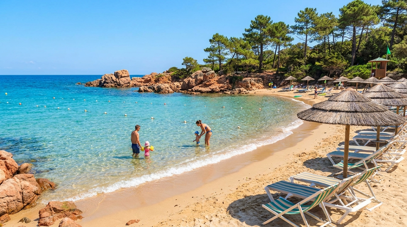 Sandstrand in einer geschützten Bucht auf Korsika mit flach abfallendem, türkisfarbenem Wasser – ideal für Familien mit Kindern