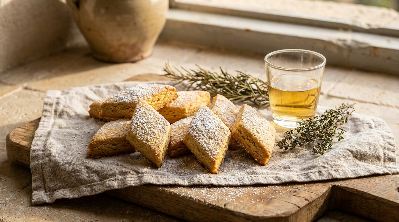 Recette des canistrelli corses, biscuits secs dor&eacute;s sur une planche rustique