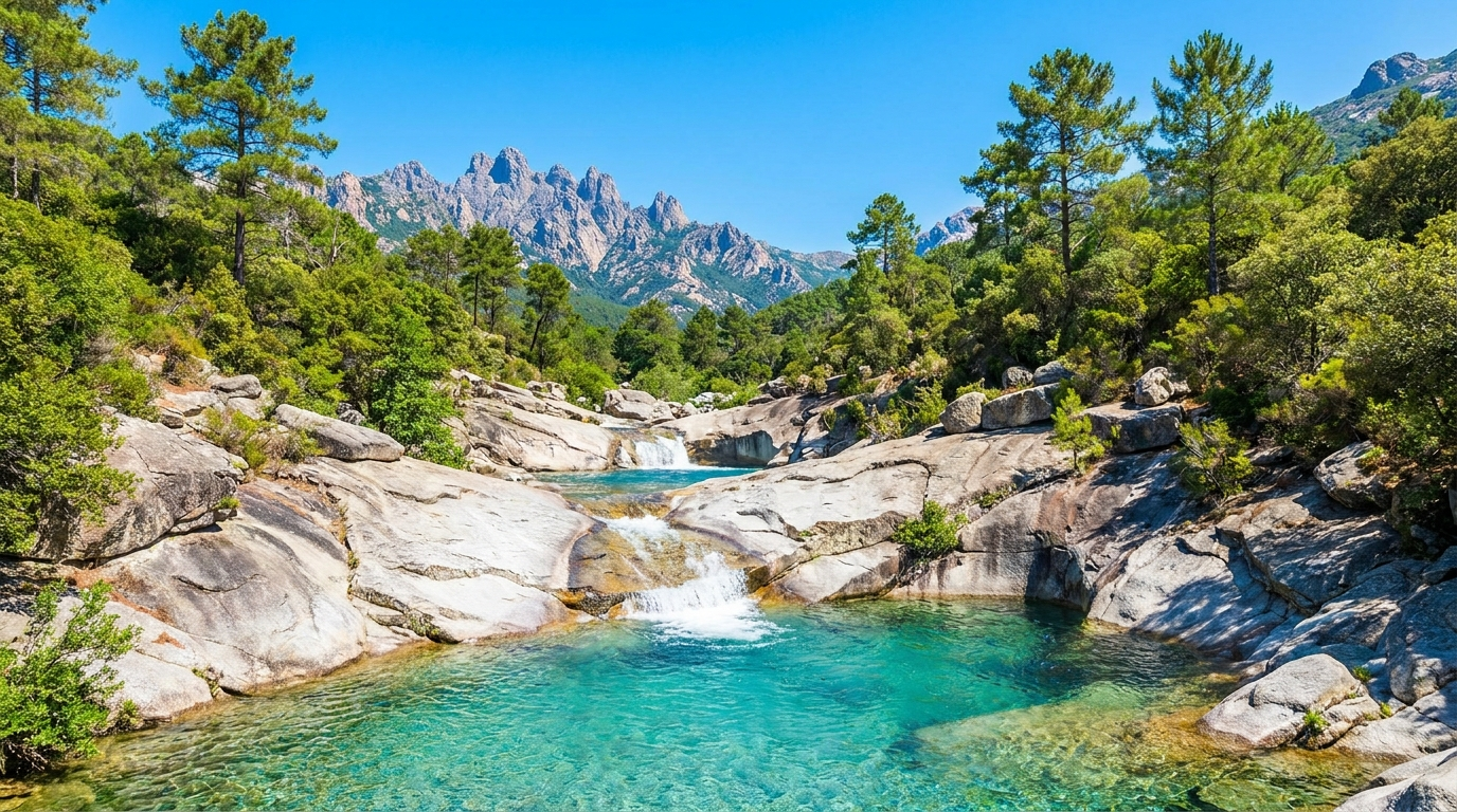 La cascade de Purcaraccia et ses vasques turquoise dans le massif de Bavella, en Corse