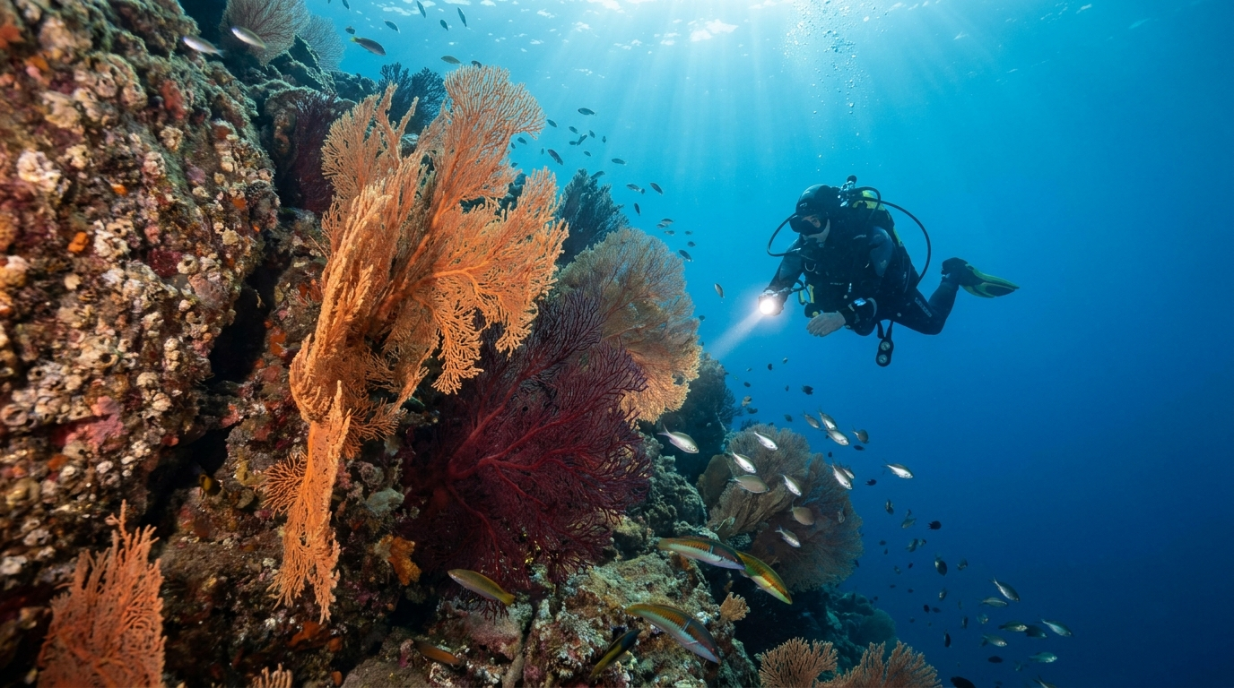 Plongee sous-marine sur un tombant a gorgones au large de Saint-Raphael