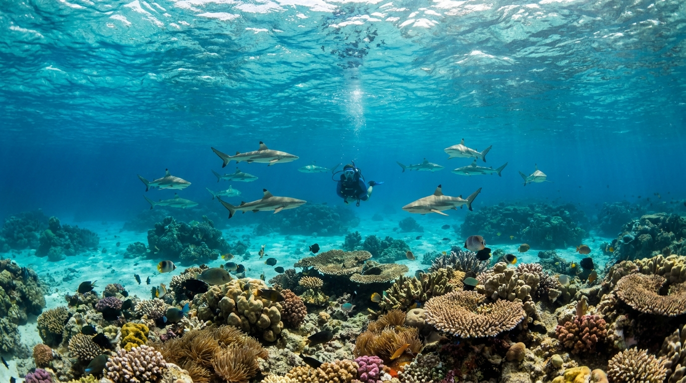 Plongee sous-marine en eau turquoise a Tahiti, Polynesie francaise, avec requins de recif