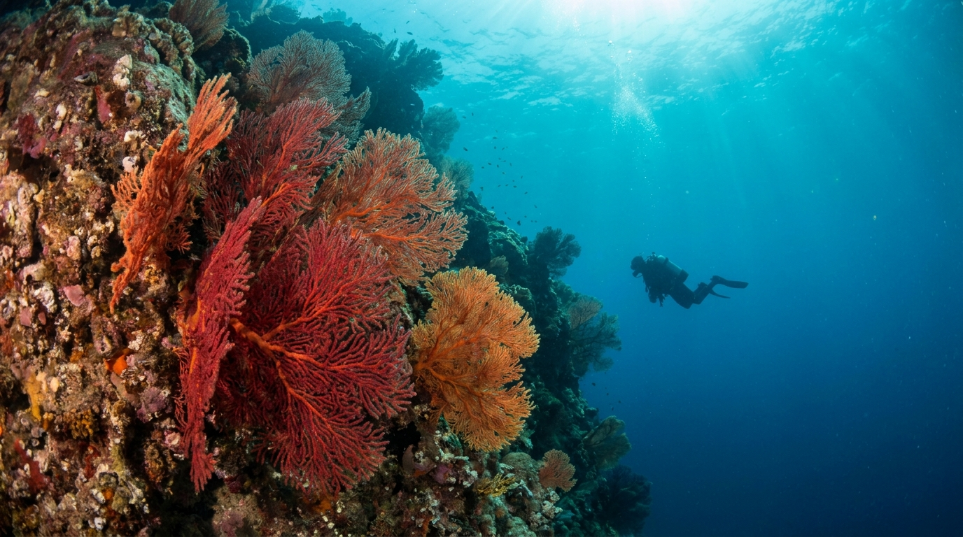 Plongee en Mediterranee le long d'un tombant rocheux couvert de gorgones