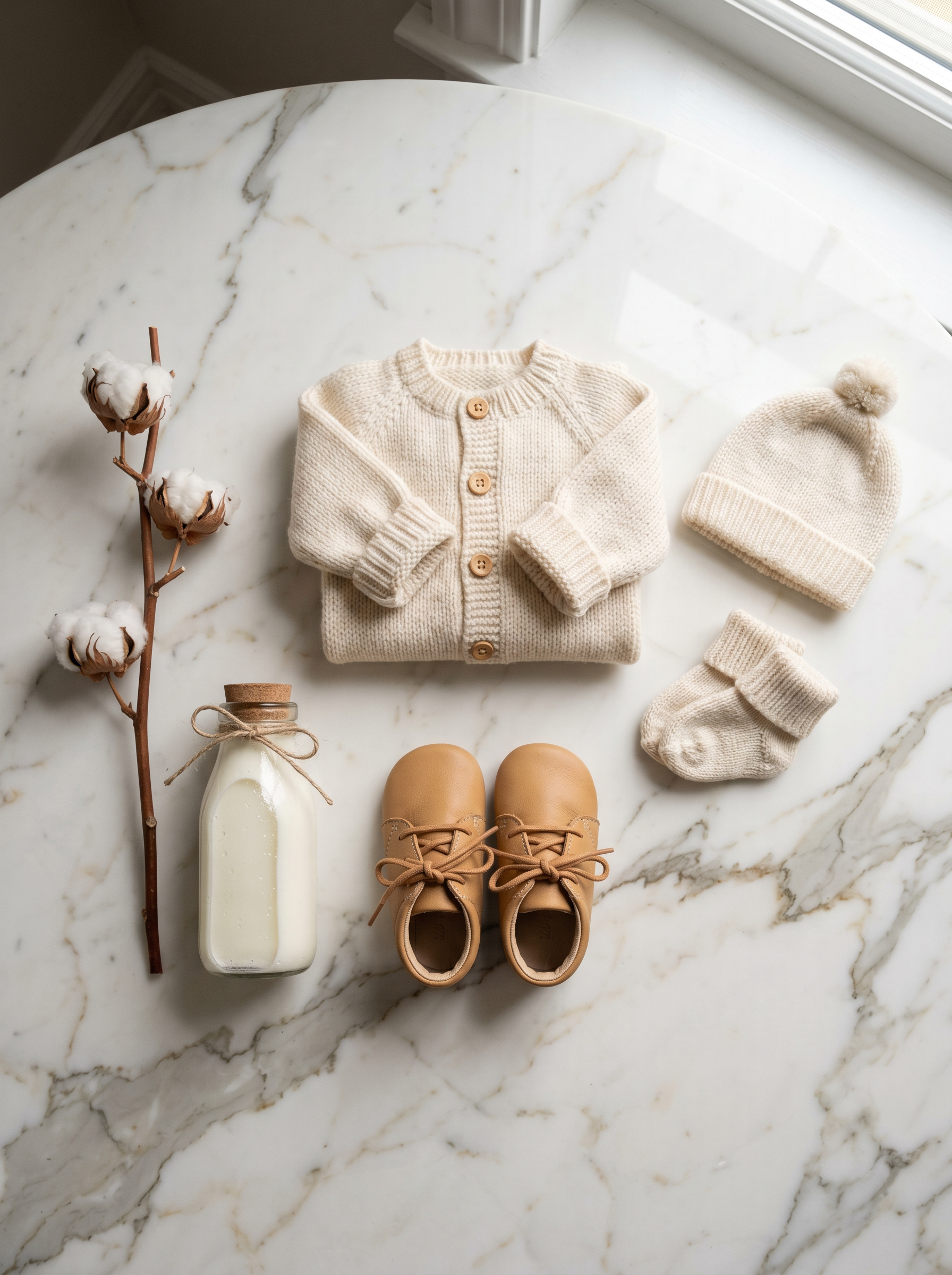 Layette bebe naissance en coton bio plie sur une commode pastel pres d'un bouquet de fleurs sechees