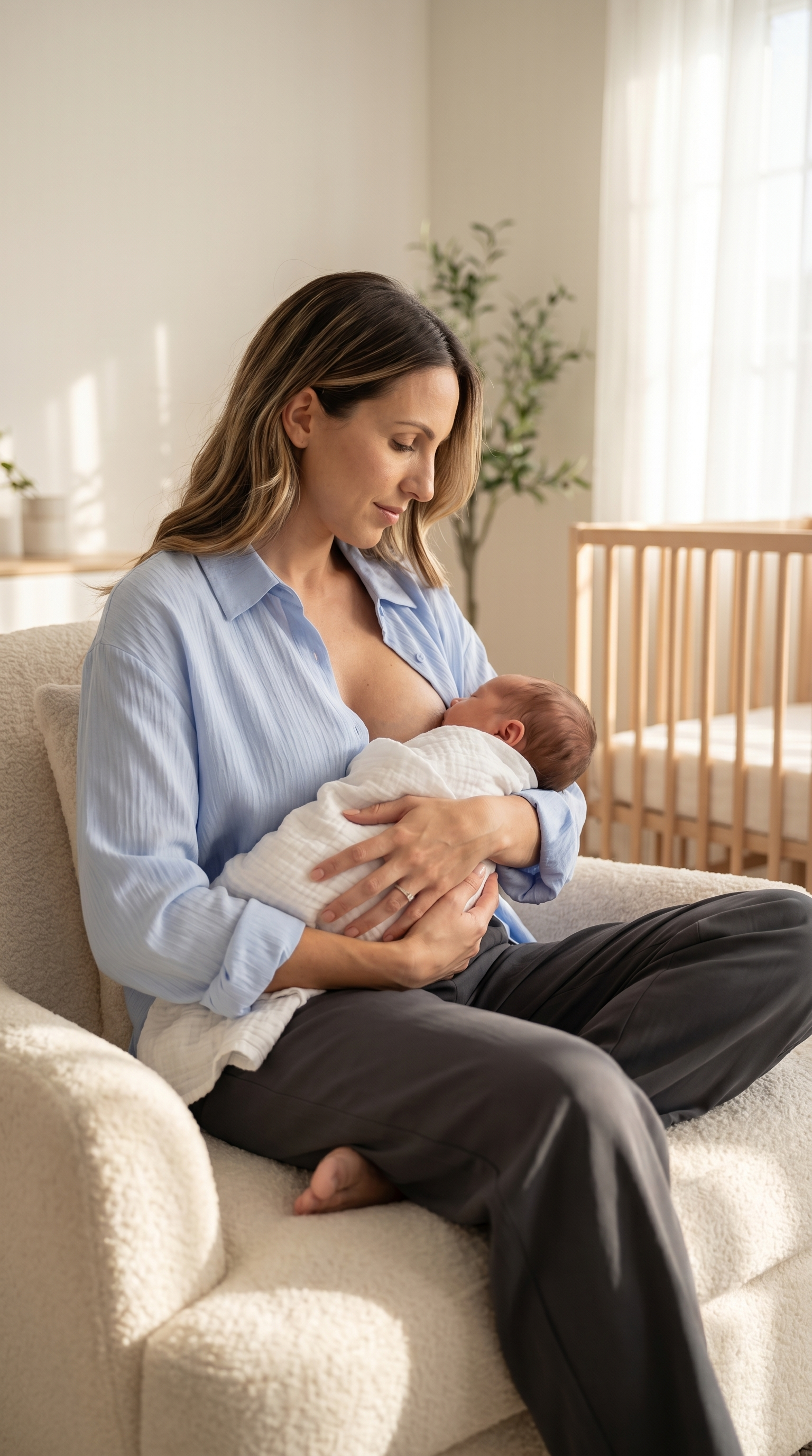 Jeune maman allaitant son nouveau-ne dans un fauteuil en lin pres d'une fenetre baignee de lumiere matinale