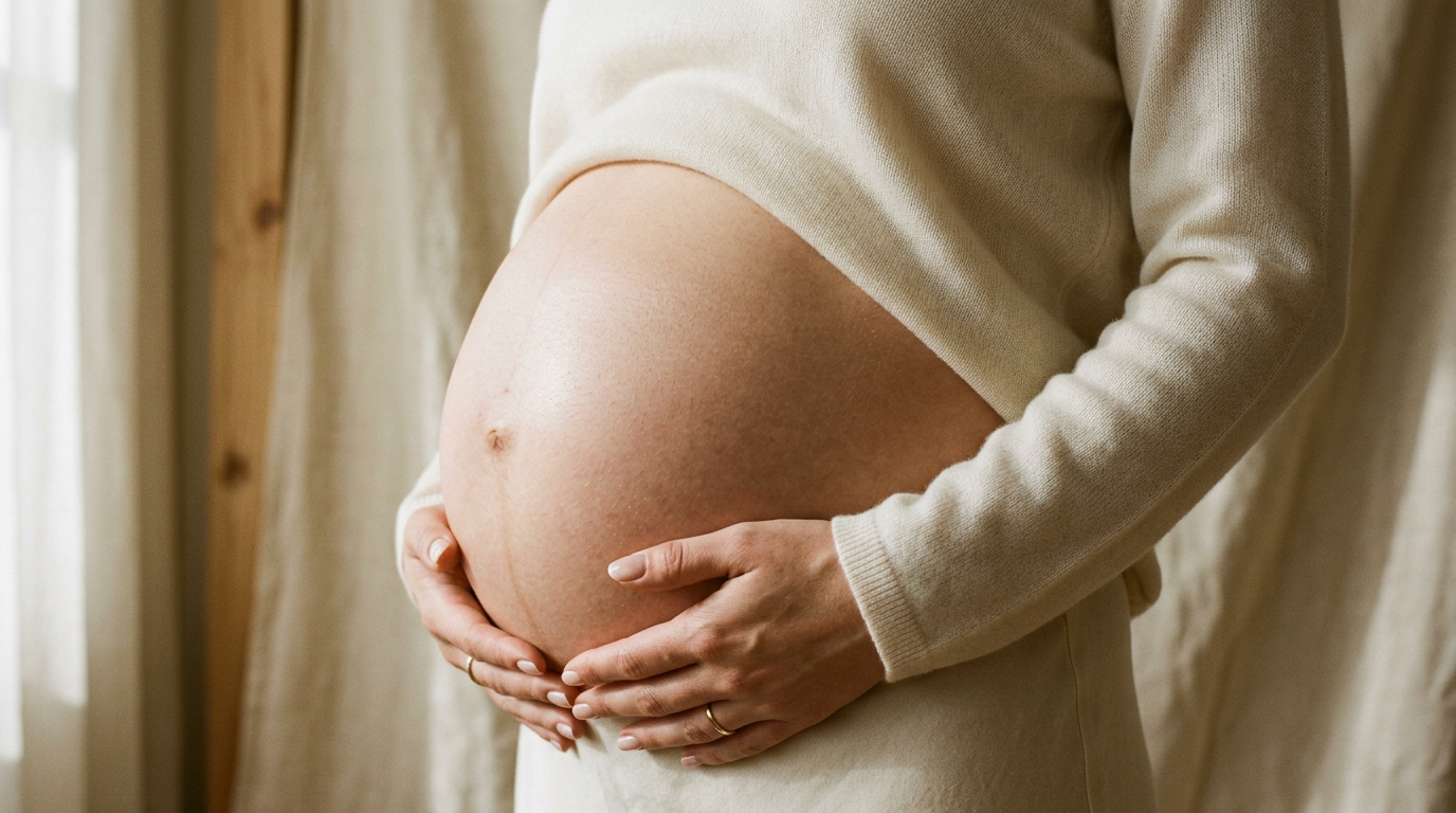 Future maman appliquant une huile vegetale en massage circulaire sur son ventre rond dans une lumiere douce