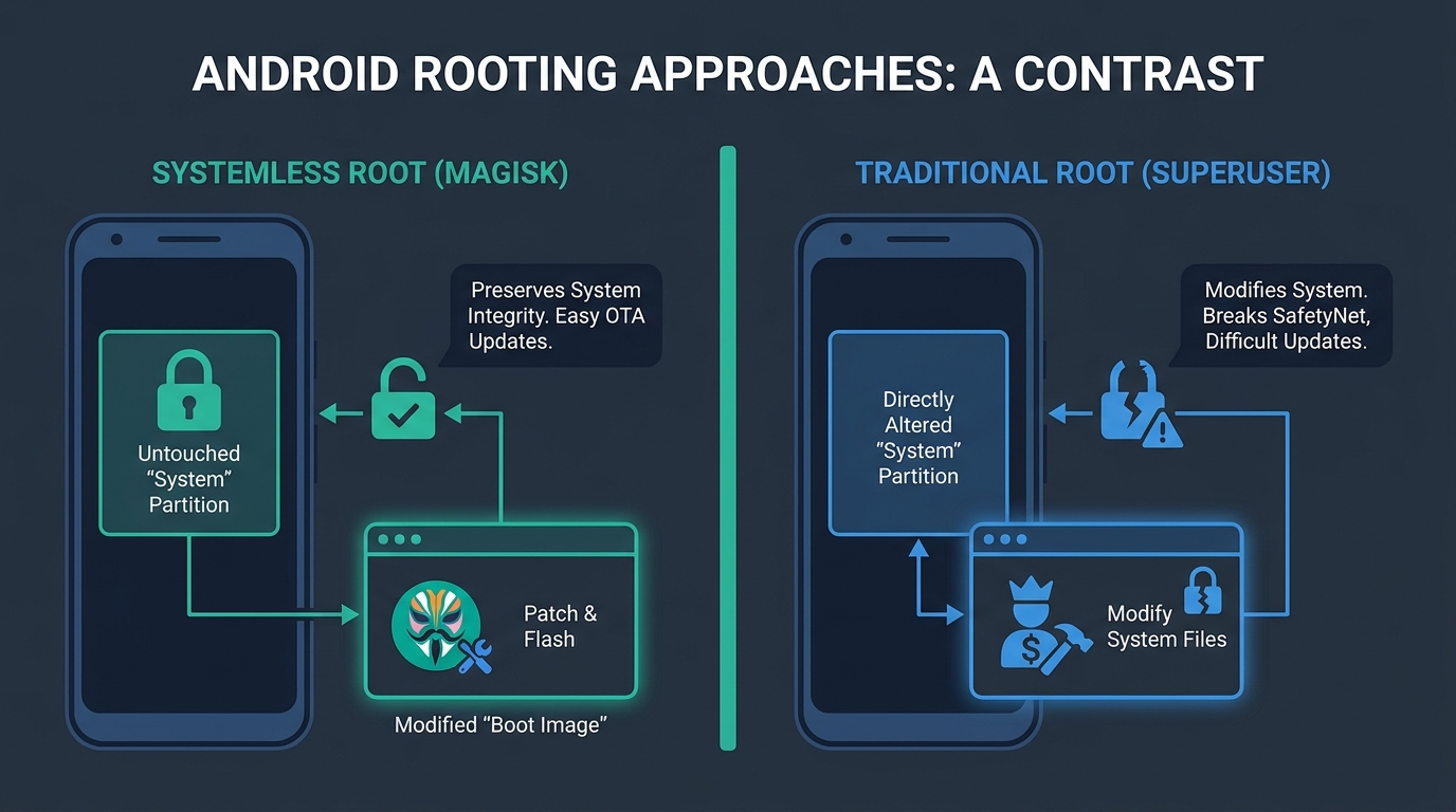 Diagram: systemless root patches the boot image while traditional root alters the system partition