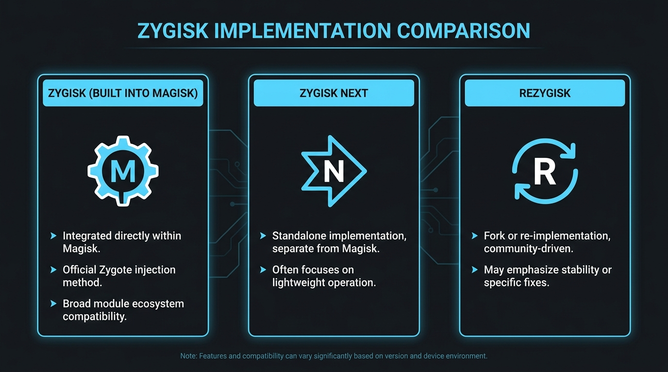 Zygisk vs Zygisk Next vs ReZygisk compared