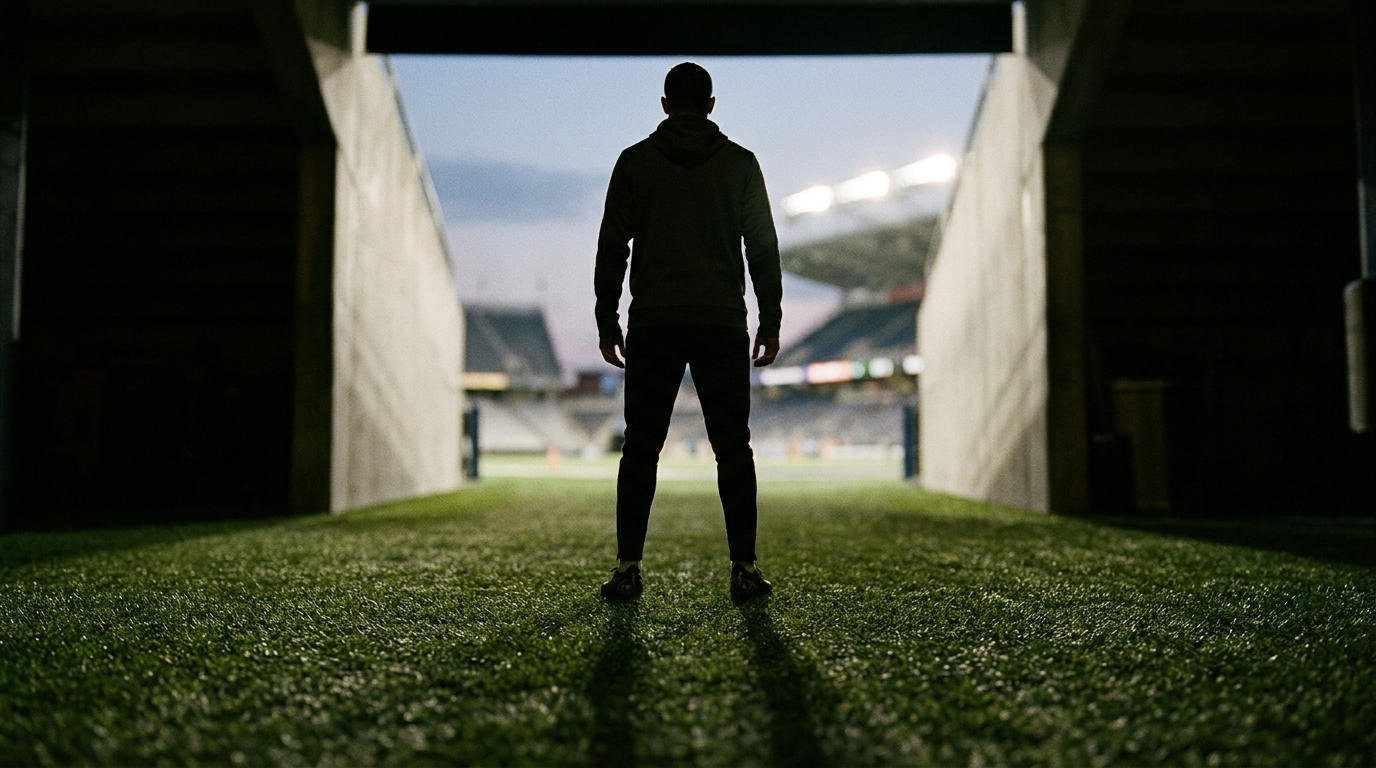 Athlete walking through a stadium tunnel toward the field lights
