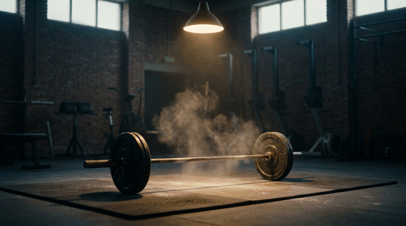 Empty gym at dawn with a loaded barbell