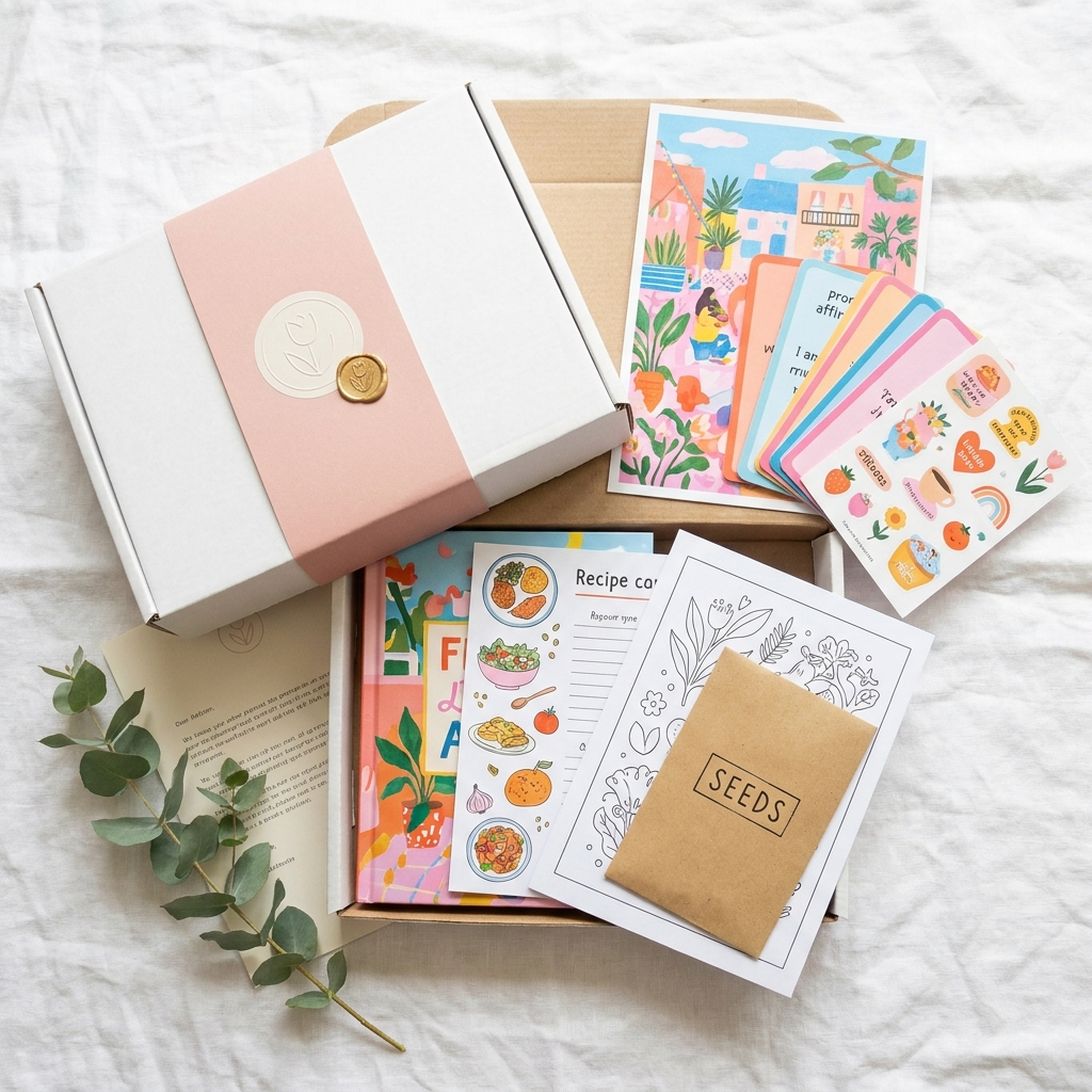 An open Offline Box with recipe cards, art prints and seeds