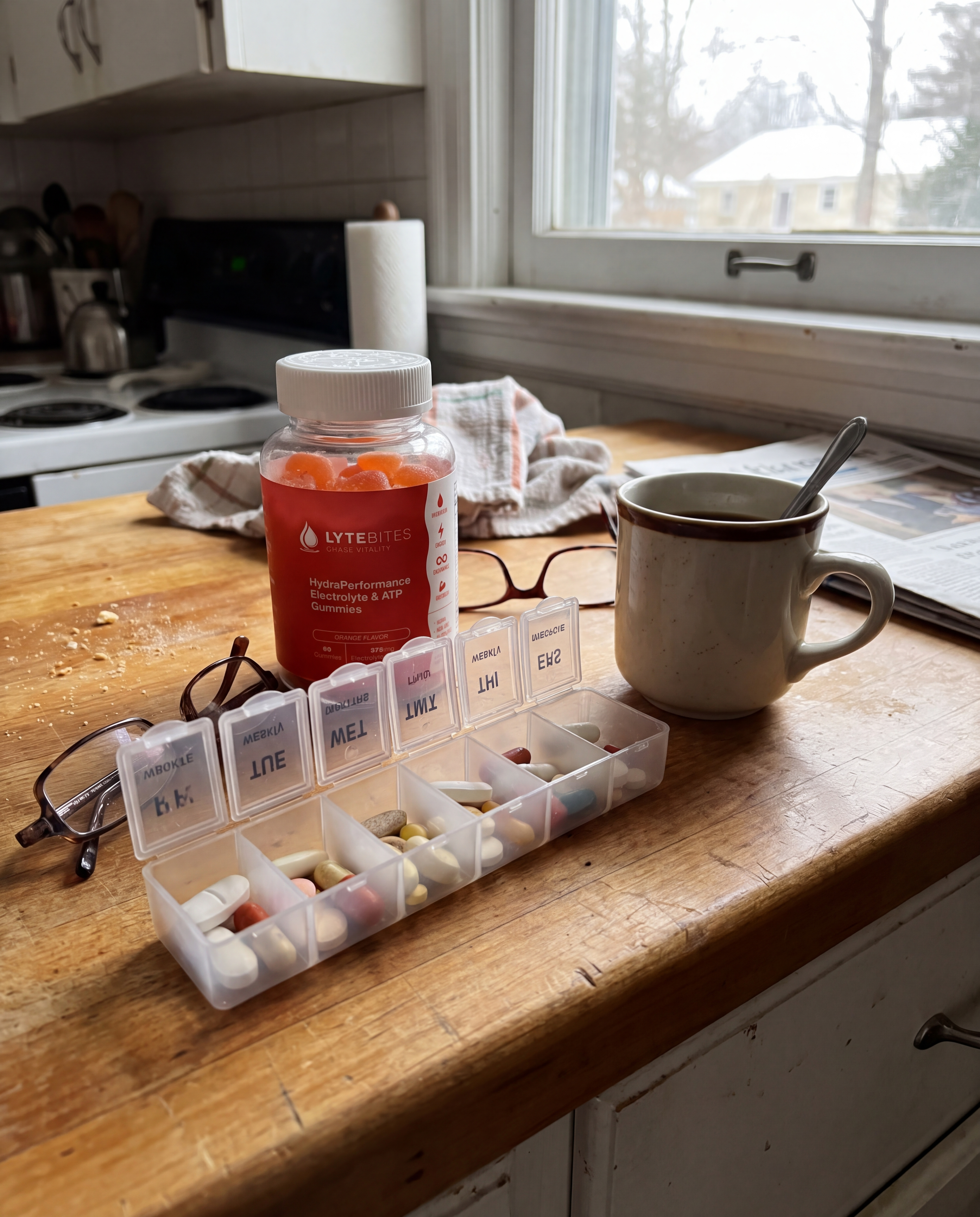 LyteBites bottle on an older parent's kitchen counter