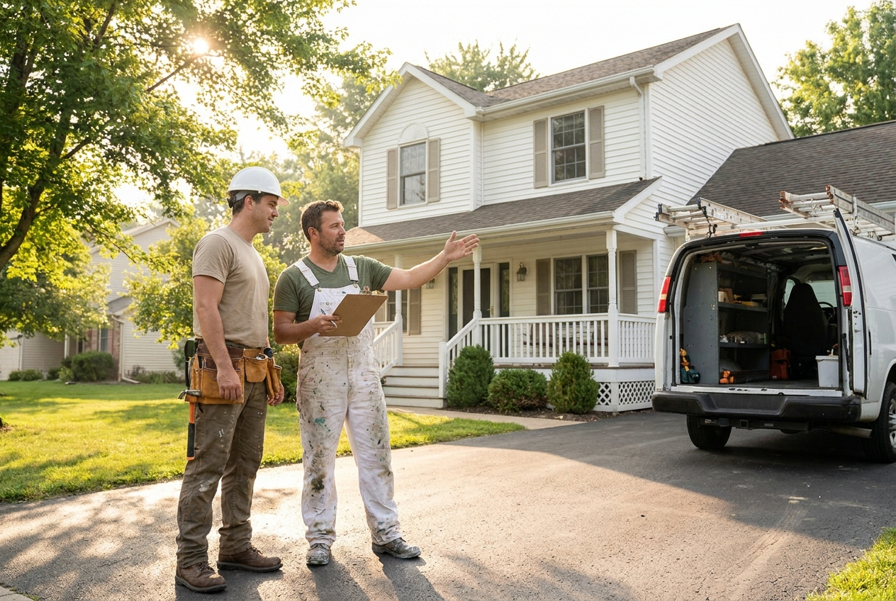 Contractors reviewing a job outside a home
