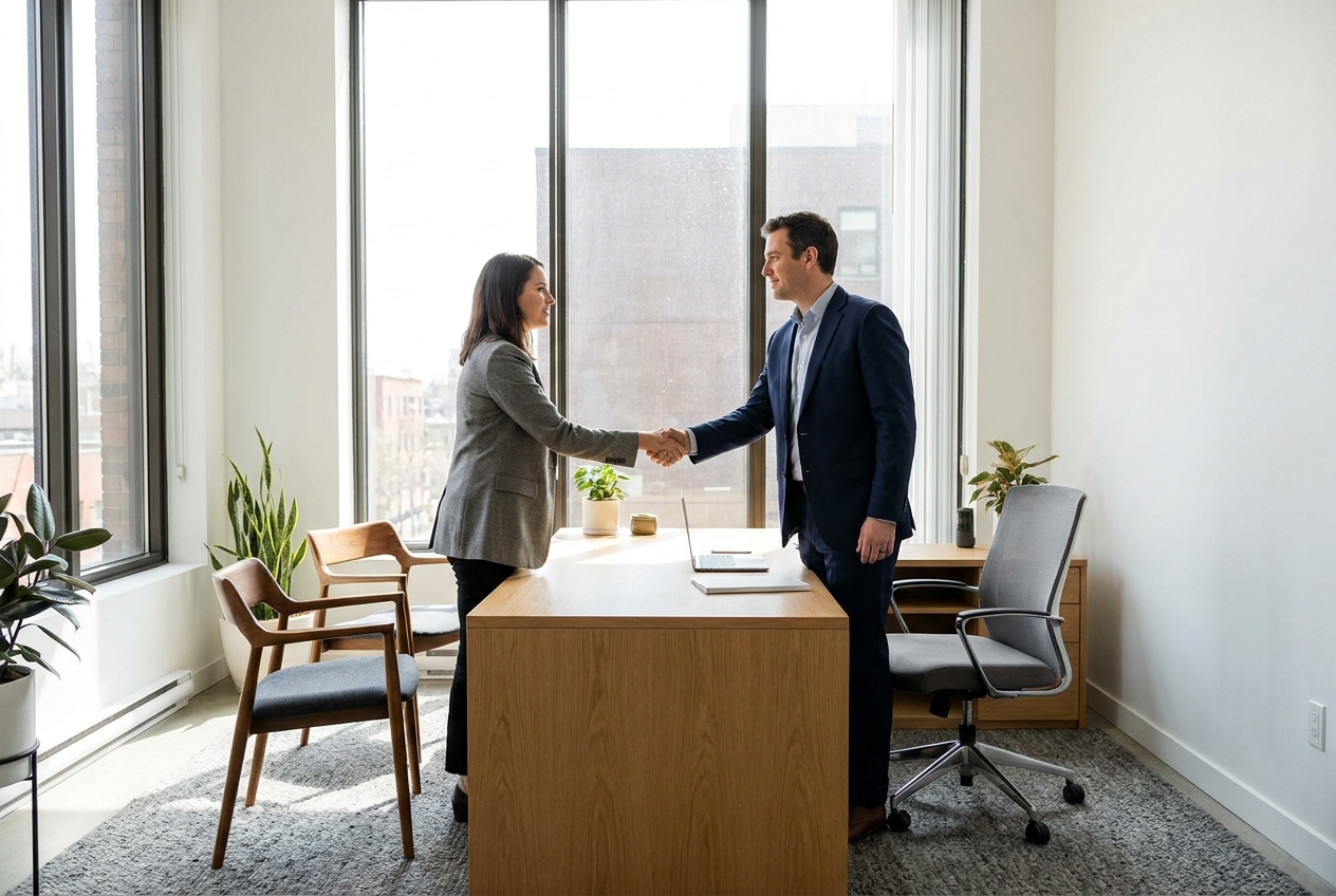 Attorney greeting a client in a bright office