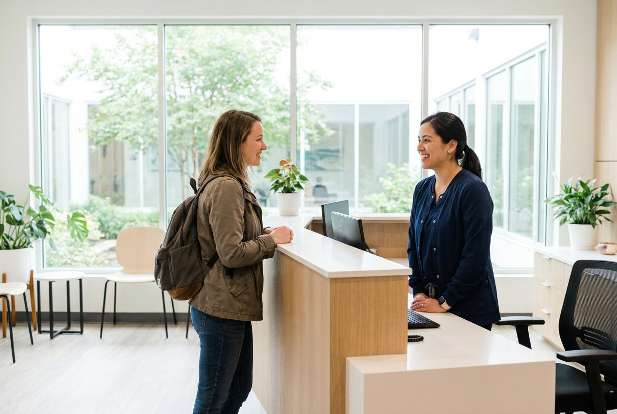 Receptionist welcoming a patient at a modern clinic