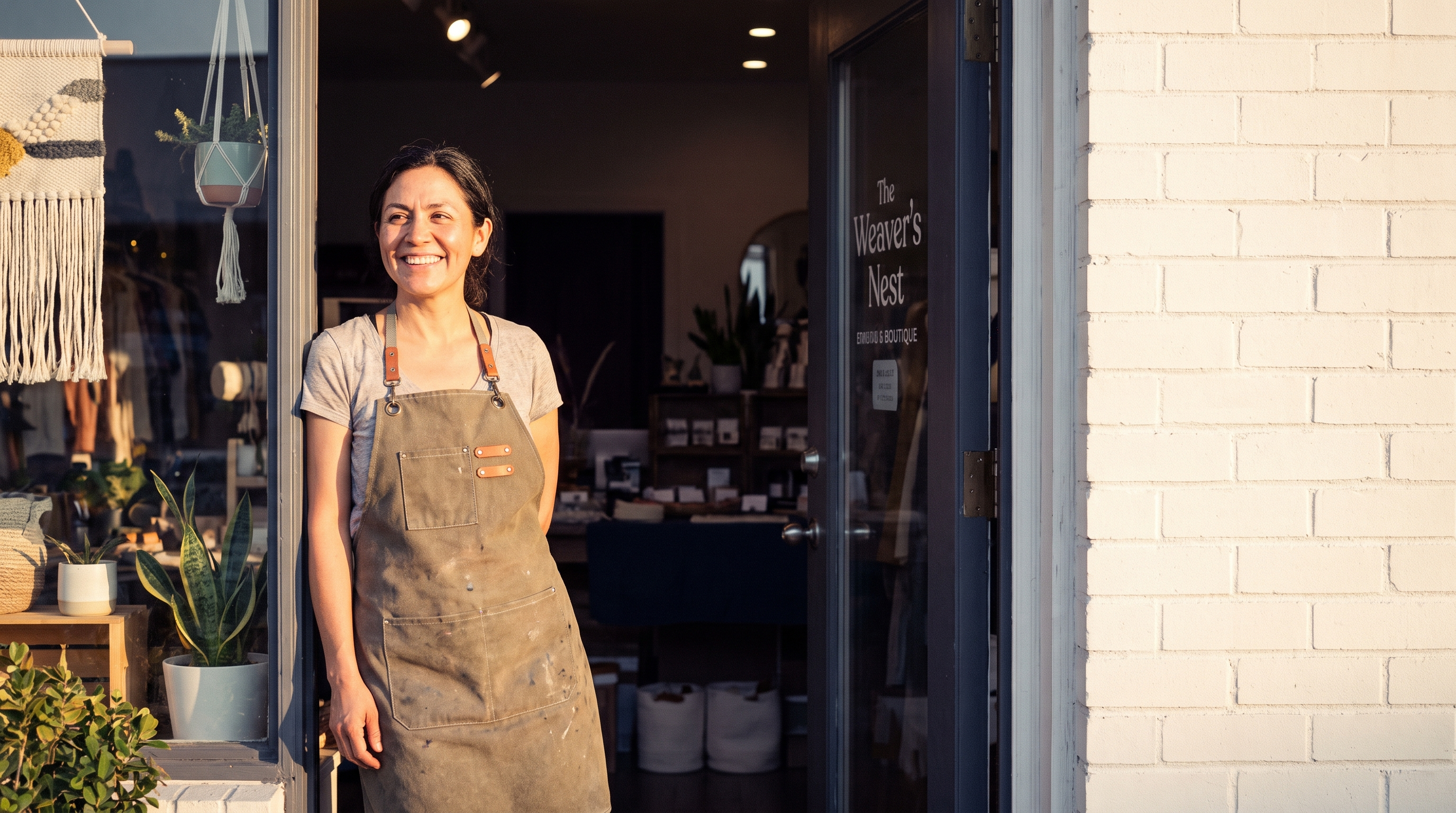 A local business owner standing in the doorway of her shop at golden hour