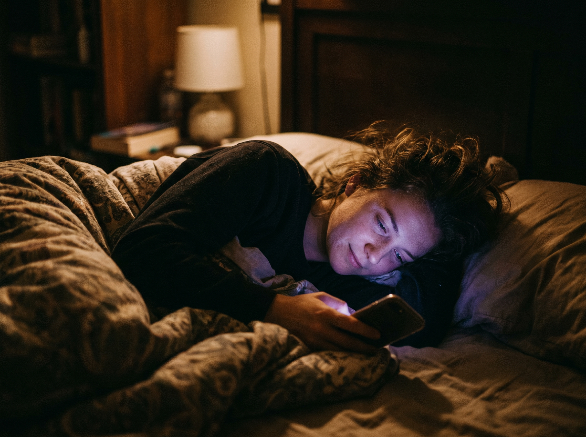 A person in bed at night on their phone, face lit by the screen glow