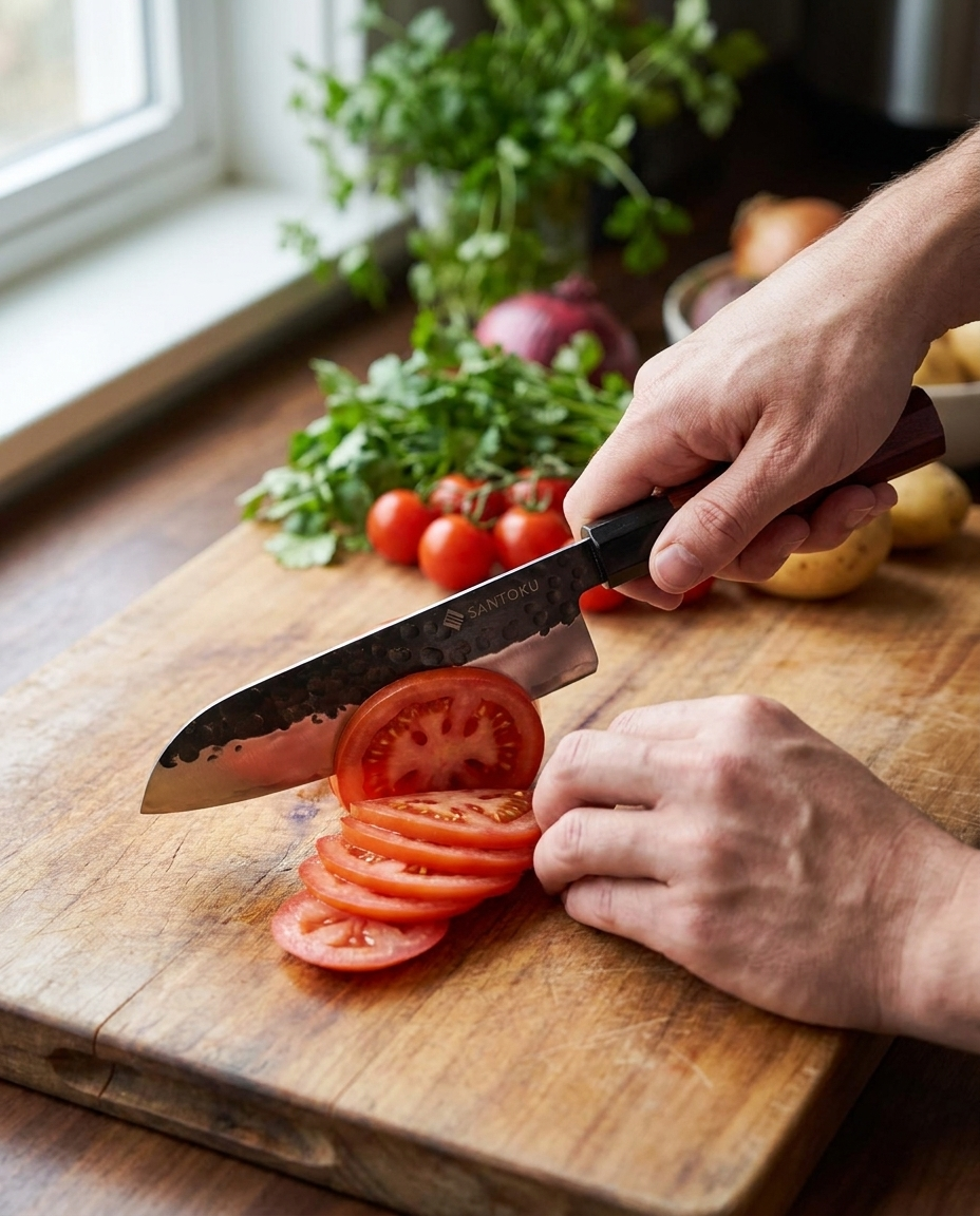 Slicing a tomato cleanly with the Minato Japanese santoku knife