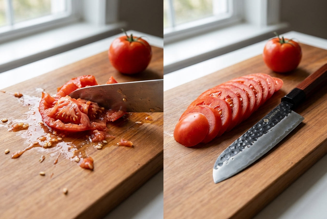 Before and after: a dull knife crushes a tomato versus clean slices from the Minato