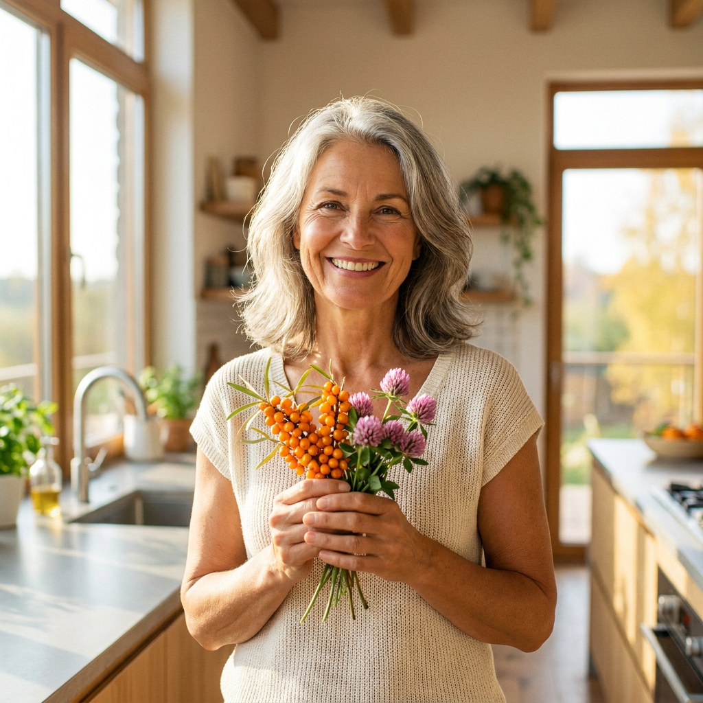 Woman holding sea buckthorn and clover