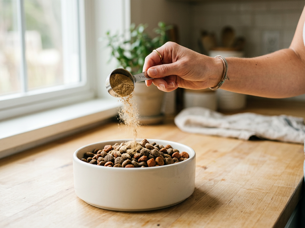 Adding a scoop of Saviora powder to a dog's food bowl