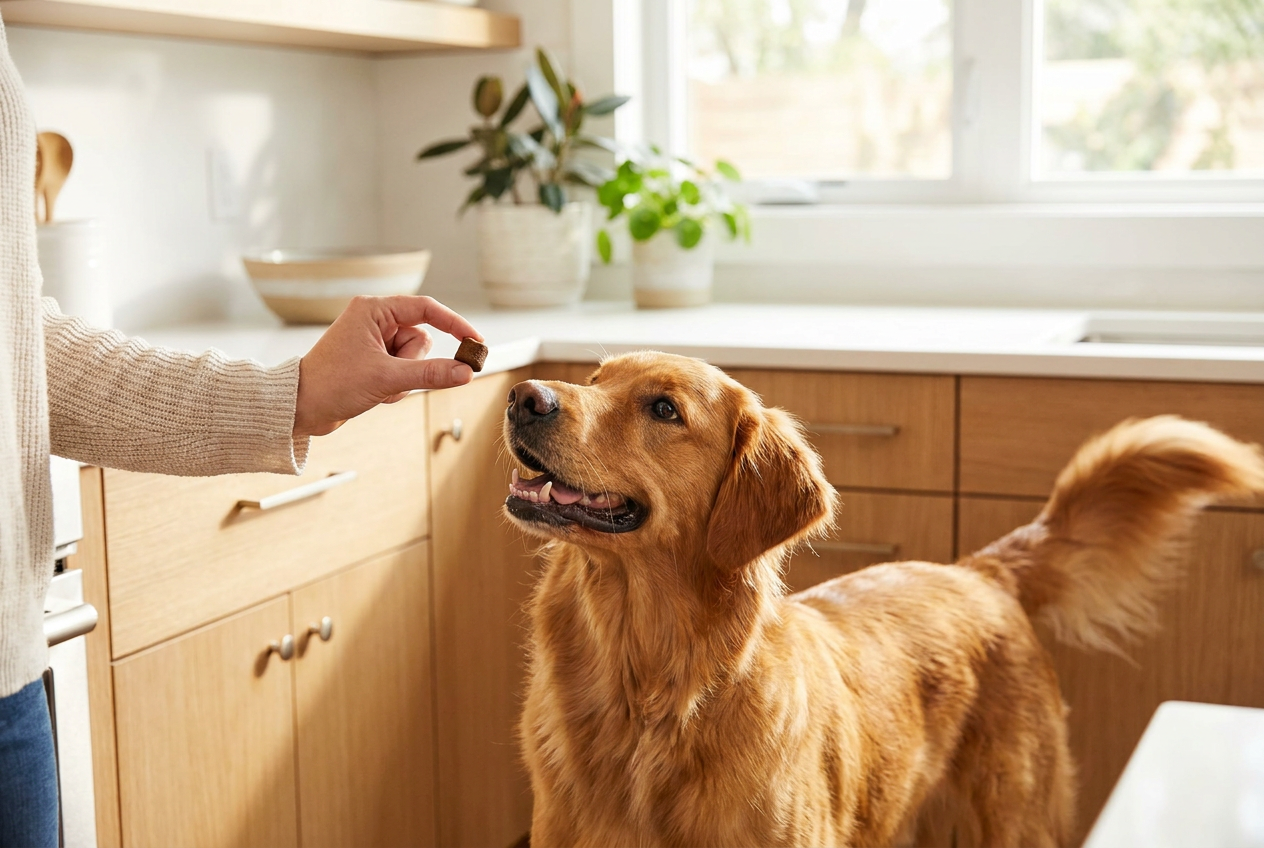 Giving a Saviora soft chew to a happy dog