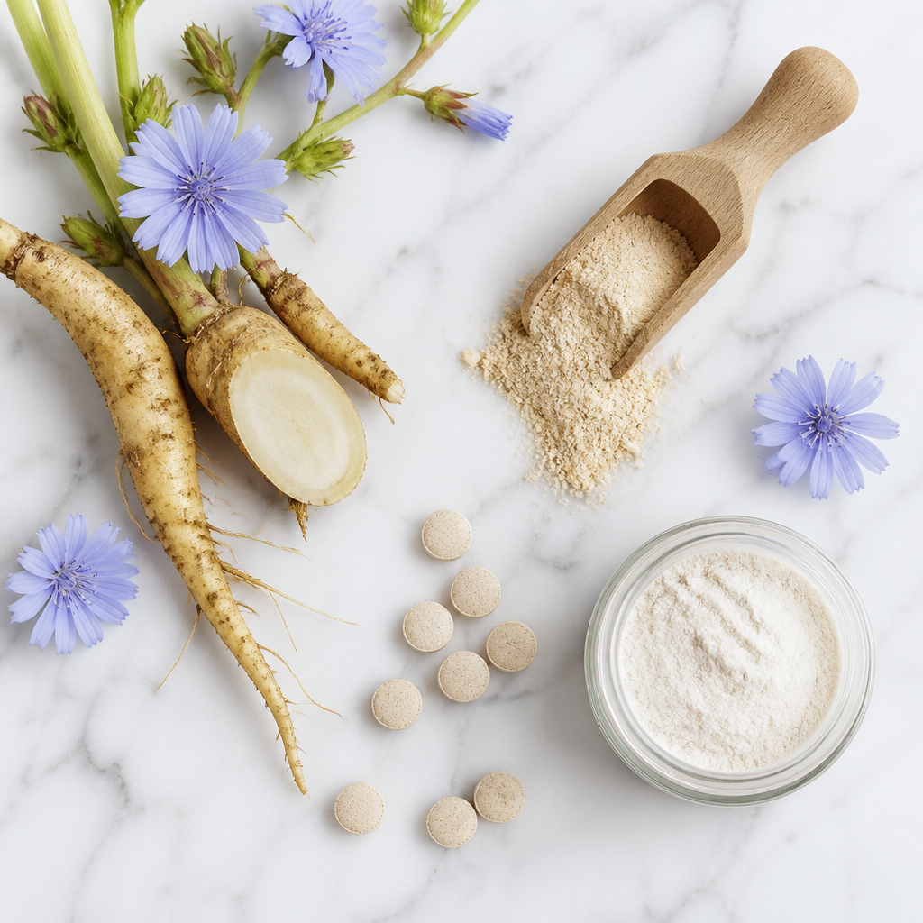 Chicory root, prebiotic powder and daily tablets inside Saviora