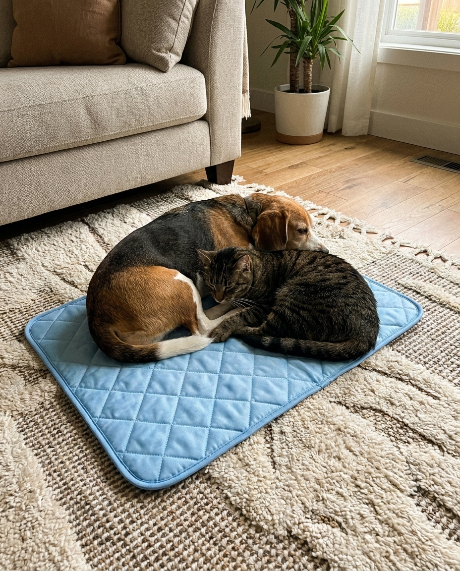 Beagle + chat partagent le tapis