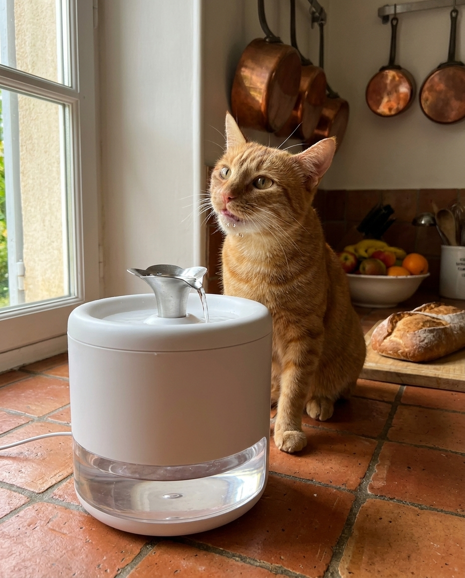 3 chats se partagent la fontaine