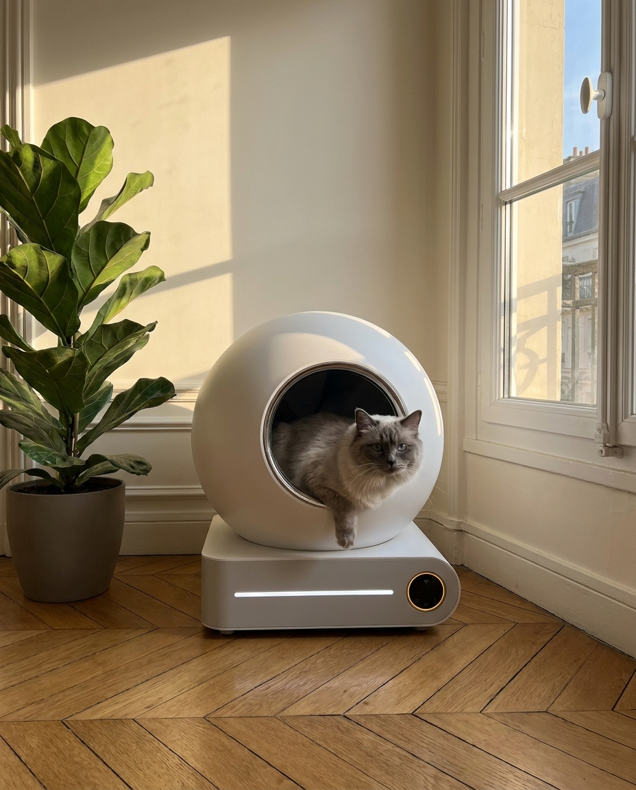 Le chat entre → sort → attente 3 min → nettoyage silencieux