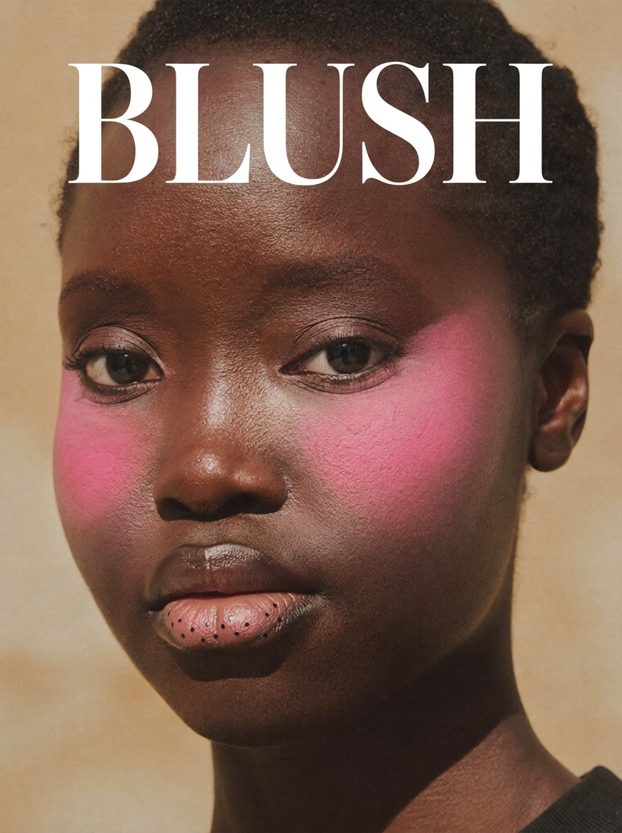 Natural-light beauty portrait of a woman with deep skin wearing a bright pink gradient blush, with the word BLUSH in editorial type